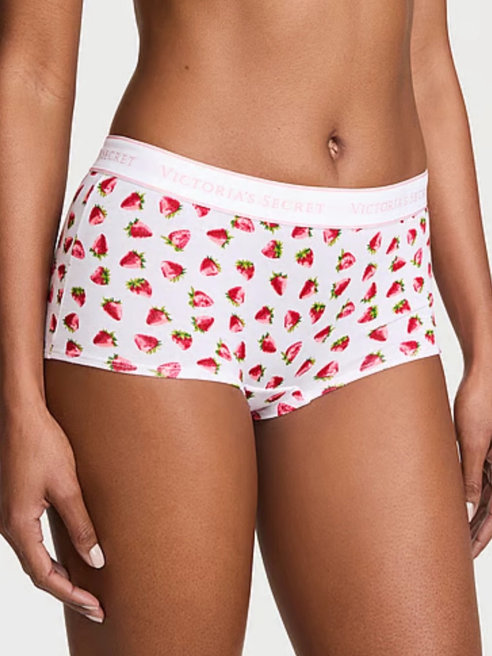 🍓VICTORIA’S SECRET Logo Cotton Boyshort Panty White Strawberries Tagless MEDIUM